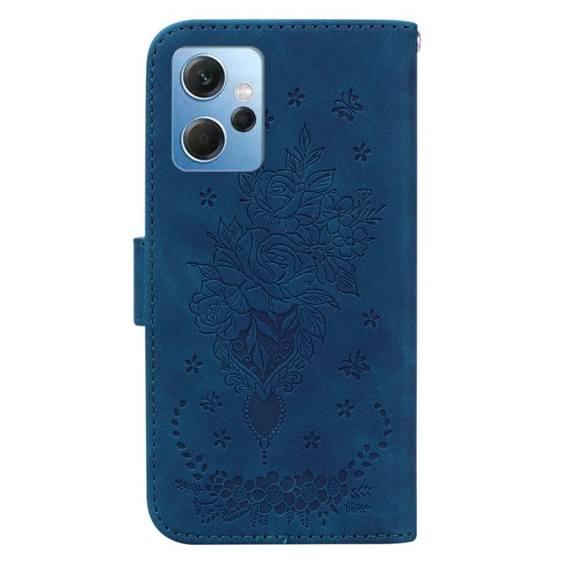 Flip Case Für Xiaomi Redmi Note 12 4G Mit Kordel Riemchenrosen Und Schmetterlinge