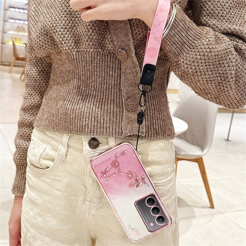 Hülle Realme 14x 5g Handyhülle Kadem Blumen Und Strasssteine Mit Lanyard