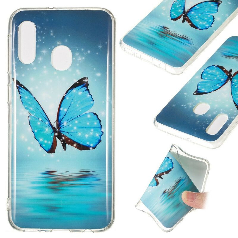 Handyhülle Für Samsung Galaxy A20e Fluoreszierender Blauer Schmetterling
