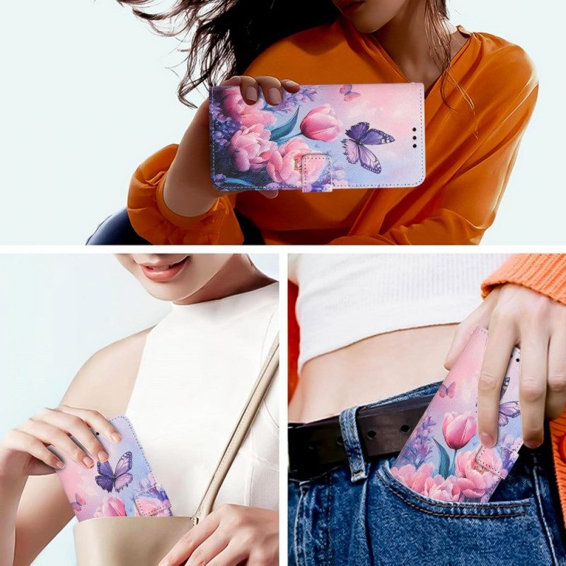 Lederhüllen Realme 14t 5g Handyhülle Rosa Blumen Und Schmetterlinge