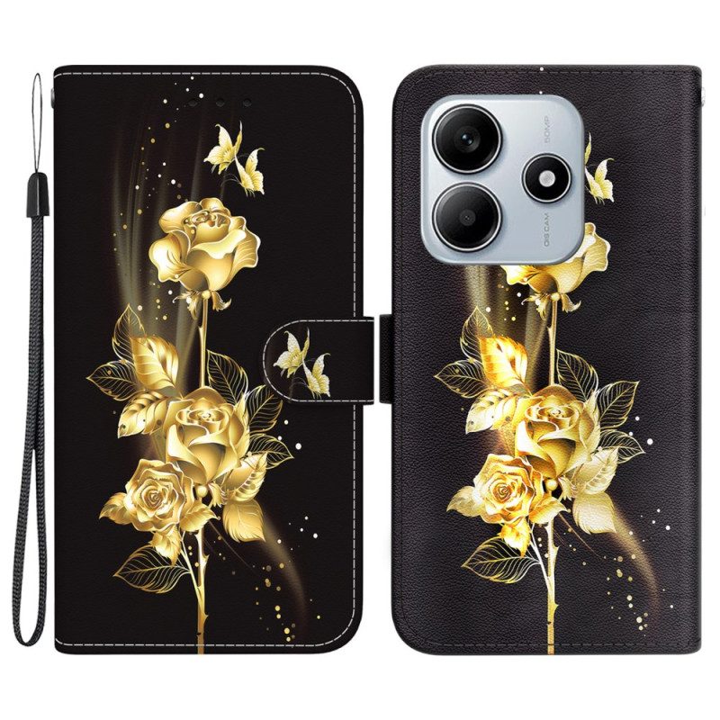 Lederhüllen Für Xiaomi Redmi Note 14 5g Goldene Schmetterlinge Und Rose