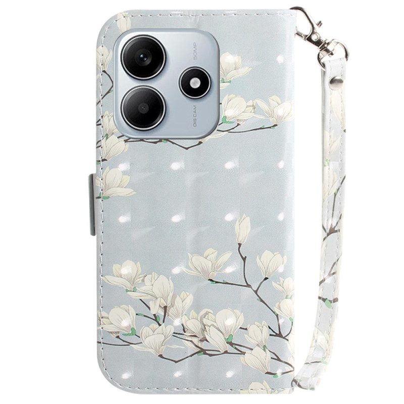 Lederhüllen Für Xiaomi Redmi Note 14 5g Schlüsselband Mit Aquarellblumen