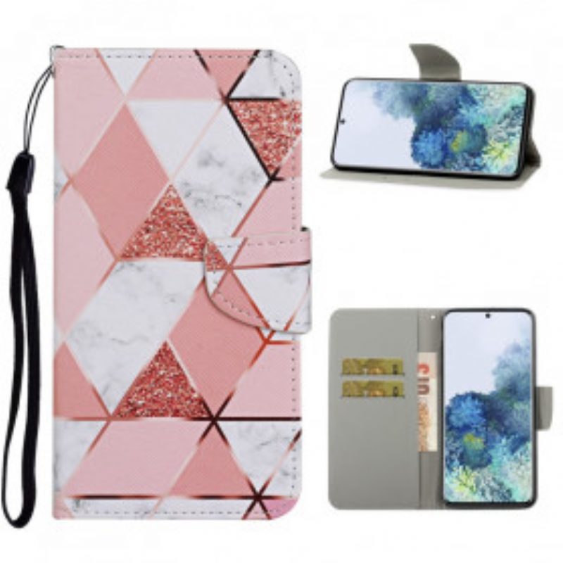 Flip Case Für Samsung Galaxy S21 Ultra 5G Marmor Und Pailletten Mit Riemen