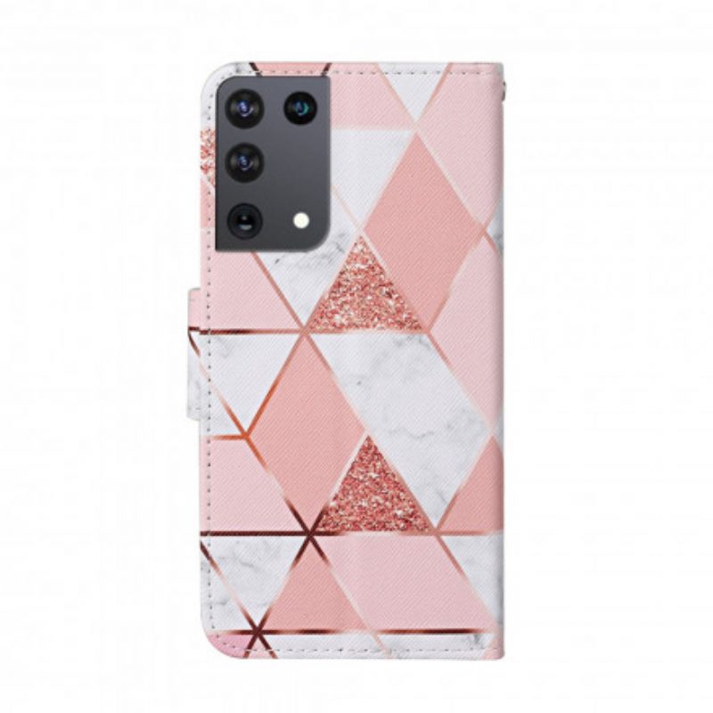 Flip Case Für Samsung Galaxy S21 Ultra 5G Marmor Und Pailletten Mit Riemen