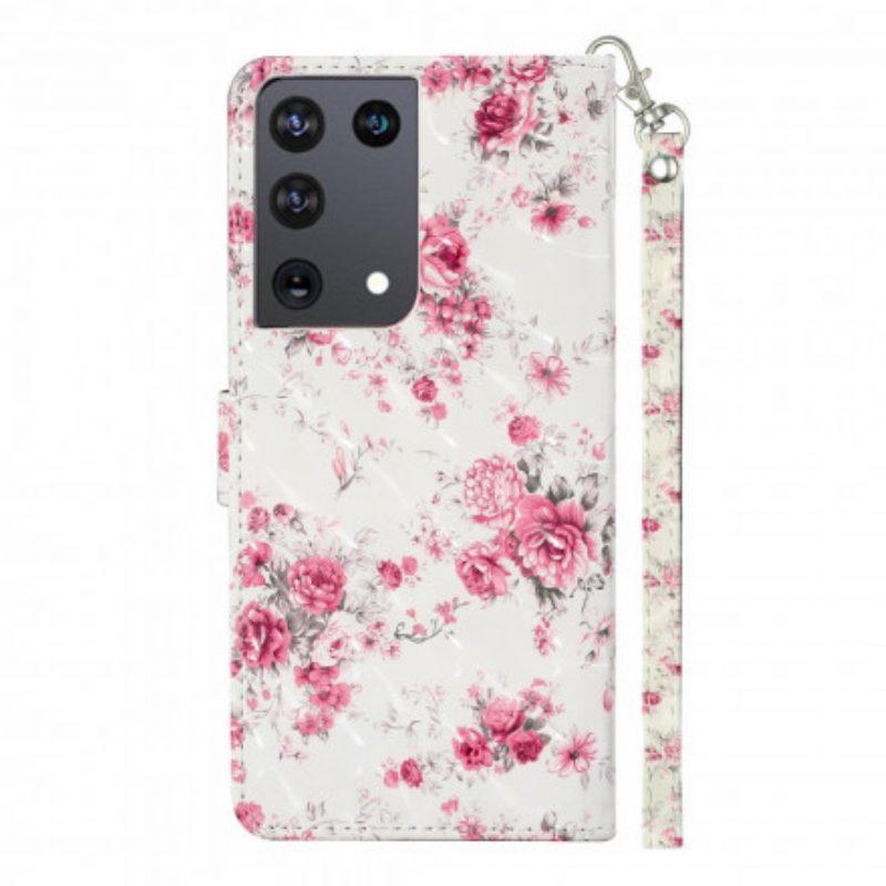 Lederhüllen Für Samsung Galaxy S21 Ultra 5G Mit Kordel Riemenlichtfleckblumen