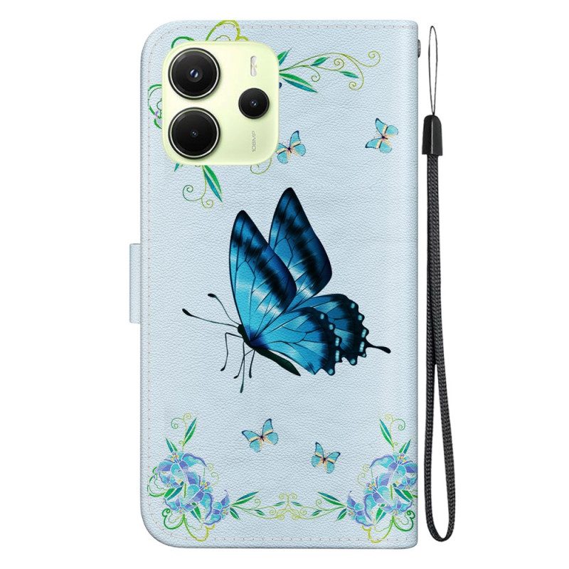 Lederhüllen Für Xiaomi Redmi Note 14 4g Blauer Schmetterling Und Blumen