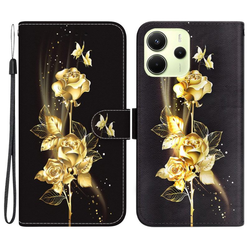 Lederhüllen Für Xiaomi Redmi Note 14 4g Goldene Und Rosa Schmetterlinge