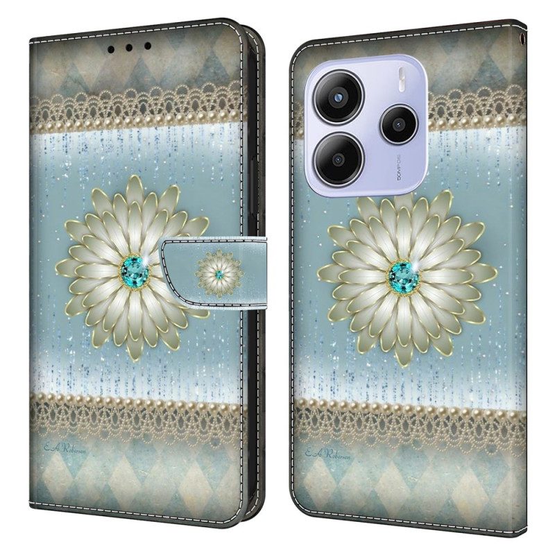 Lederhüllen Xiaomi Redmi Note 14 4g Blume Und Blauer Diamant