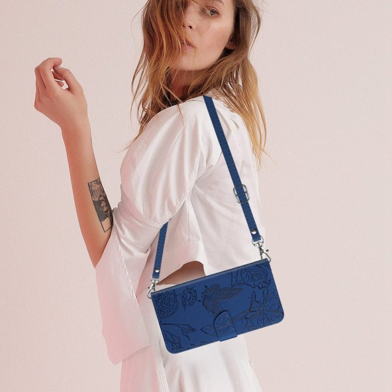 Lederhüllen Xiaomi Redmi Note 14 4g Handyhülle Schulterriemen Mit Schmetterlingsmuster