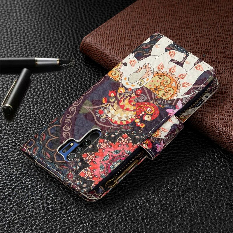 Lederhüllen Für Xiaomi Redmi 9 Elefanten-reißverschlusstasche