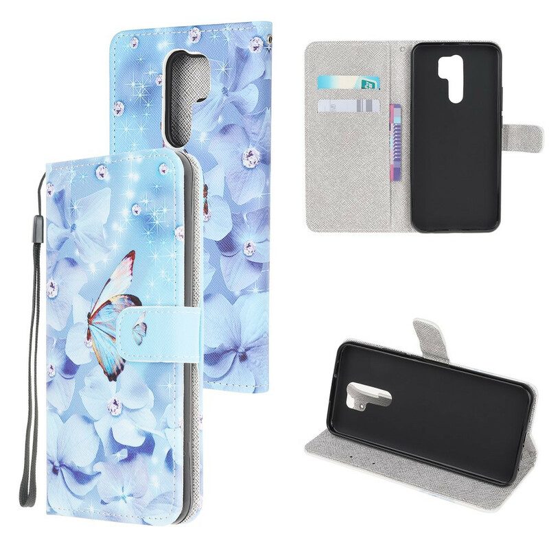 Lederhüllen Für Xiaomi Redmi 9 Mit Kordel Riemchen-diamant-schmetterlinge