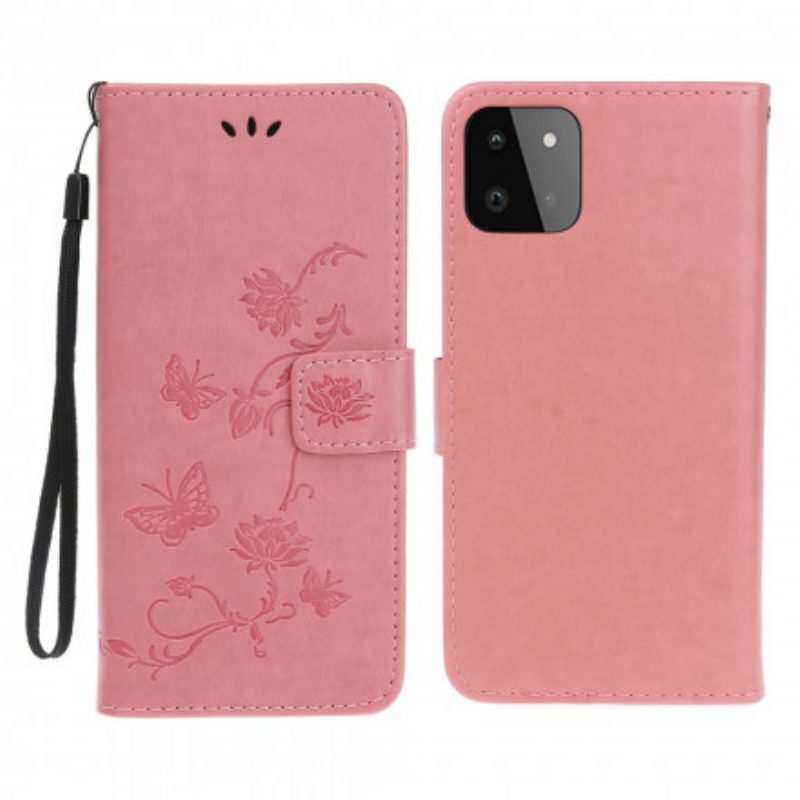 Lederhüllen Für Samsung Galaxy A22 5G Mit Kordel Schmetterlings- Und Blumenarmband
