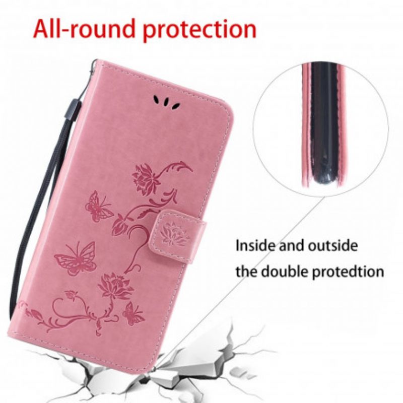 Lederhüllen Für Samsung Galaxy A22 5G Mit Kordel Schmetterlings- Und Blumenarmband