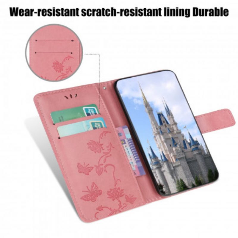 Lederhüllen Für Samsung Galaxy A22 5G Mit Kordel Schmetterlings- Und Blumenarmband