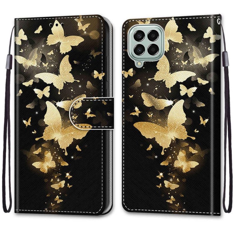 Lederhüllen Für Samsung Galaxy M53 5G Mit Kordel Goldene Schmetterlinge Mit Riemen