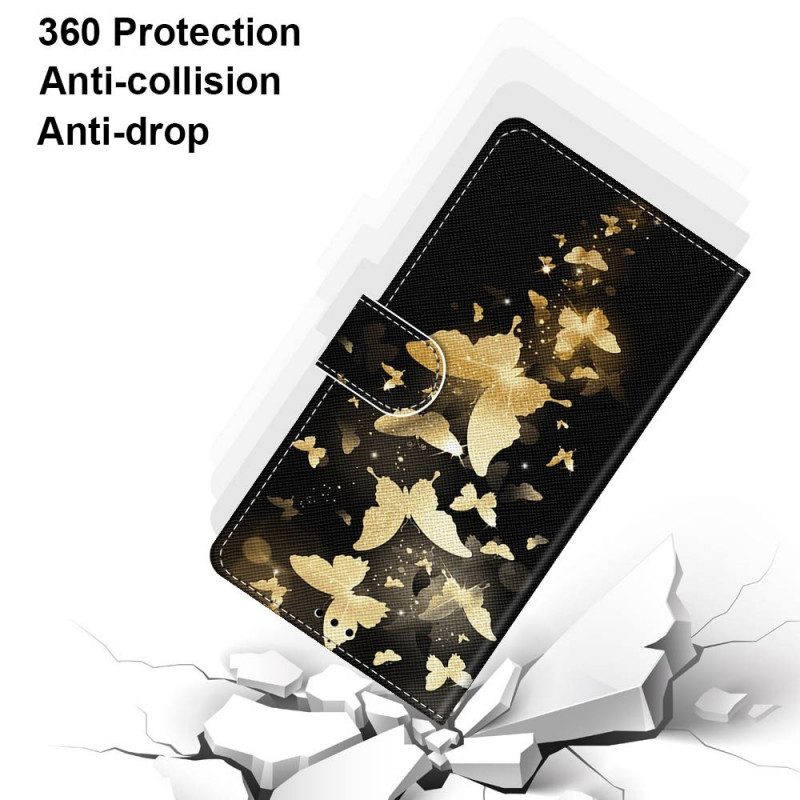 Lederhüllen Für Samsung Galaxy M53 5G Mit Kordel Goldene Schmetterlinge Mit Riemen