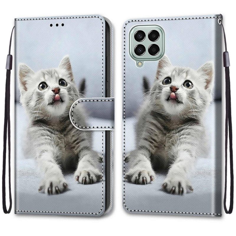 Lederhüllen Für Samsung Galaxy M53 5G Mit Kordel Graues Kätzchen Mit Riemen