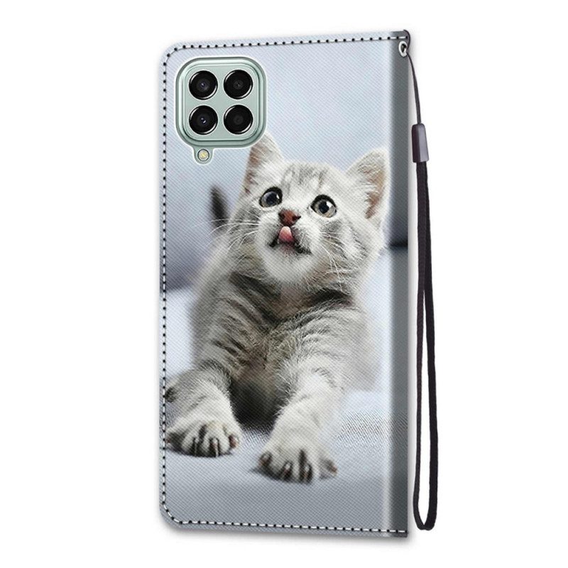 Lederhüllen Für Samsung Galaxy M53 5G Mit Kordel Graues Kätzchen Mit Riemen