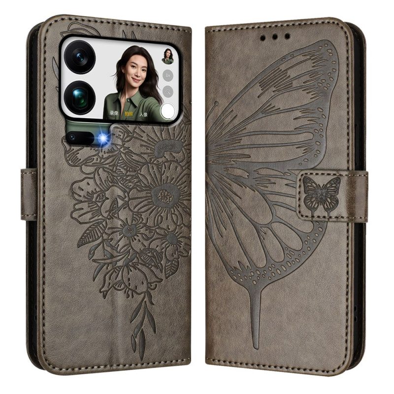 Lederhüllen Xiaomi 17 Pro Max Handyhülle Schmetterlingsmotiv Mit Trageband