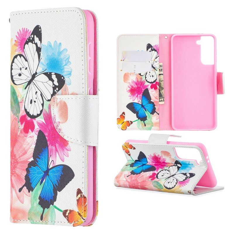Flip Case Für Samsung Galaxy S21 5G Bemalte Schmetterlinge Und Blumen