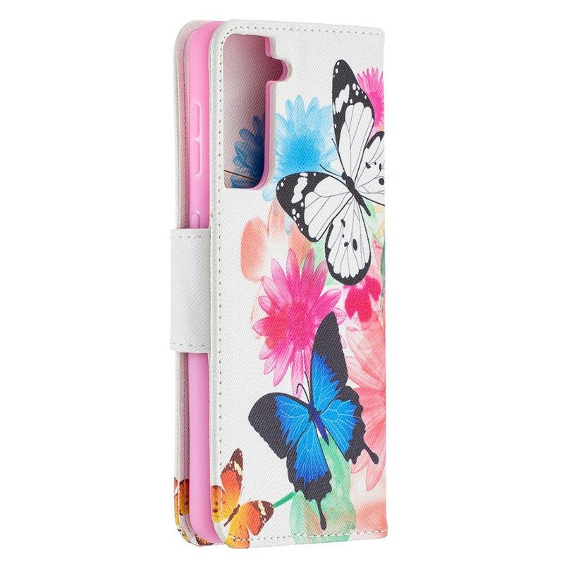 Flip Case Für Samsung Galaxy S21 5G Bemalte Schmetterlinge Und Blumen