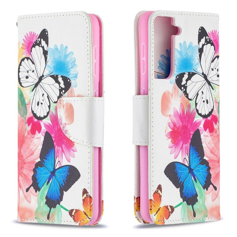 Flip Case Für Samsung Galaxy S21 5G Bemalte Schmetterlinge Und Blumen