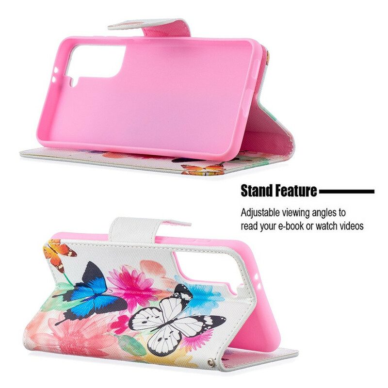 Flip Case Für Samsung Galaxy S21 5G Bemalte Schmetterlinge Und Blumen