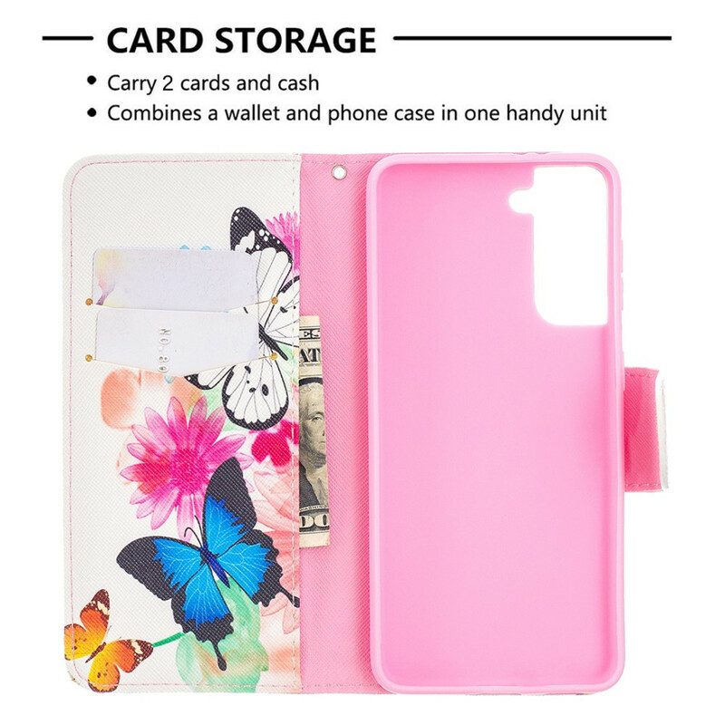 Flip Case Für Samsung Galaxy S21 5G Bemalte Schmetterlinge Und Blumen