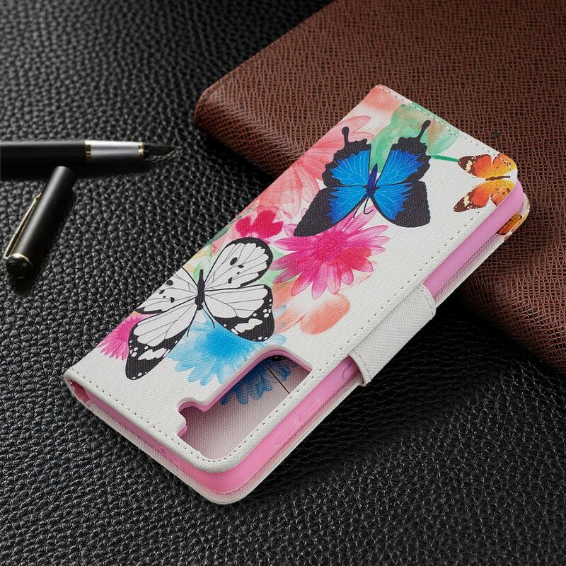Flip Case Für Samsung Galaxy S21 5G Bemalte Schmetterlinge Und Blumen