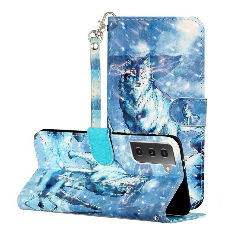 Flip Case Für Samsung Galaxy S21 5G Mit Kordel Wolf-lichtstrahler Mit Riemen