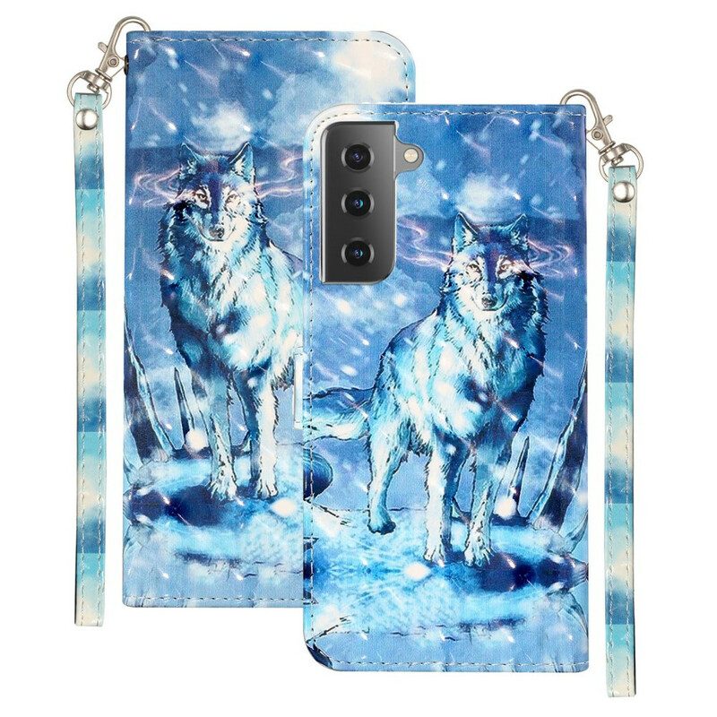 Flip Case Für Samsung Galaxy S21 5G Mit Kordel Wolf-lichtstrahler Mit Riemen
