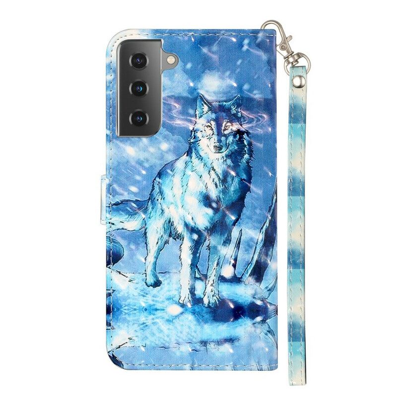 Flip Case Für Samsung Galaxy S21 5G Mit Kordel Wolf-lichtstrahler Mit Riemen