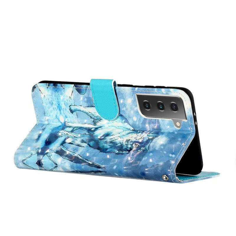 Flip Case Für Samsung Galaxy S21 5G Mit Kordel Wolf-lichtstrahler Mit Riemen