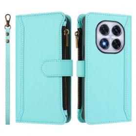 Lederhüllen Für Xiaomi Redmi Note 14 Pro 4g Geldbörse Mit 9 Kartenfächern Und Umhängeband