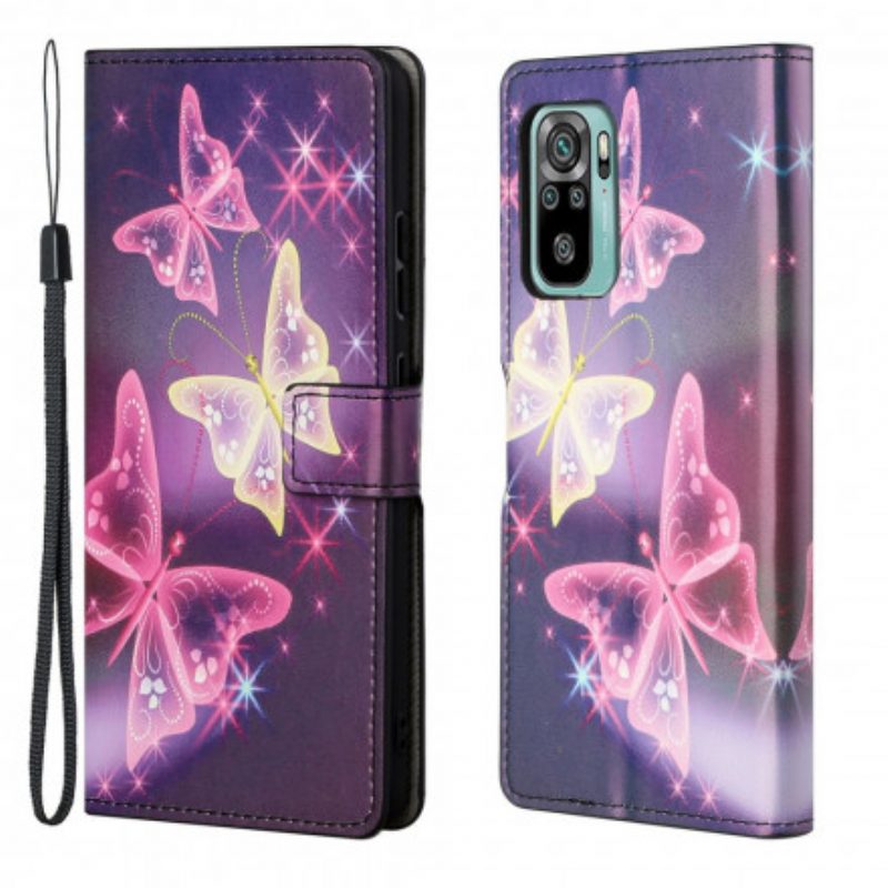 Flip Case Für Xiaomi Redmi 10 Mit Kordel Schmetterlings- Und Blumenarmband