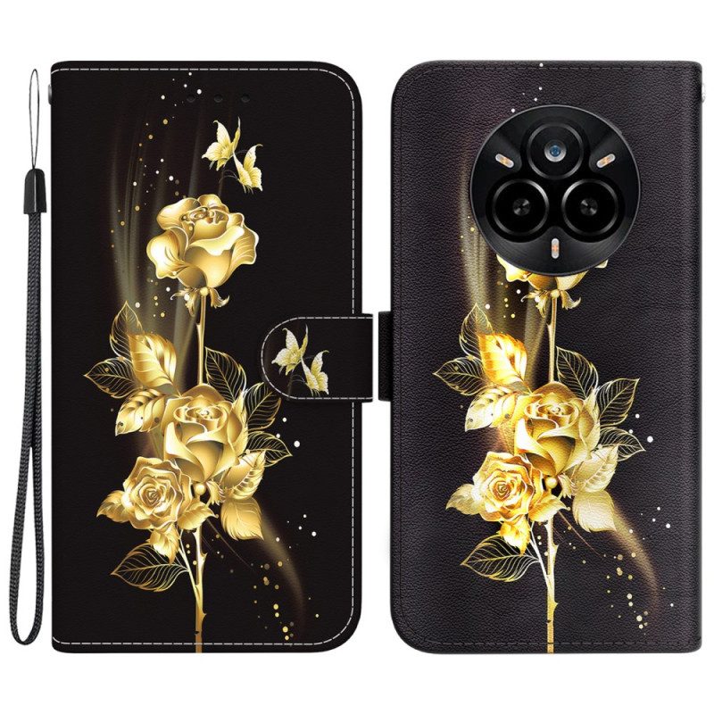 Lederhüllen Realme 14 Pro 5g Handyhülle Goldene Schmetterlinge Und Rosa