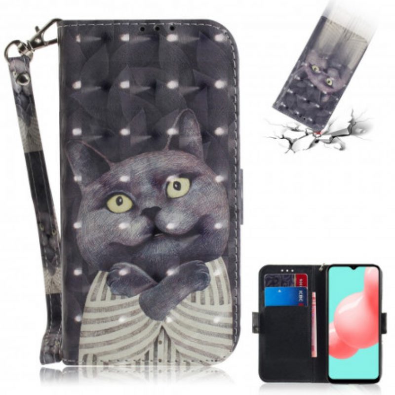 Lederhüllen Für Samsung Galaxy A32 5G Mit Kordel Graue Katze Mit Riemen