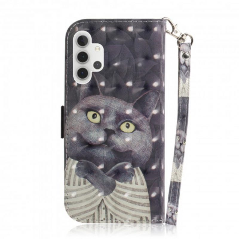 Lederhüllen Für Samsung Galaxy A32 5G Mit Kordel Graue Katze Mit Riemen