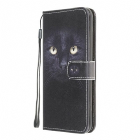 Lederhüllen Für Samsung Galaxy M12 / A12 Mit Kordel Riemchenförmige Schwarze Katzenaugen