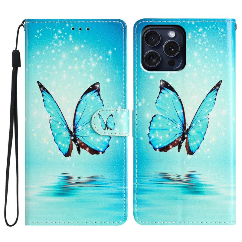 Lederhüllen iPhone 16 Pro Max Blauer Schmetterling Auf Dem Wasser Mit Riemen