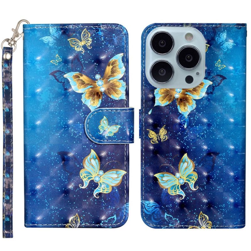 Lederhüllen iPhone 16 Pro Max Handyhülle Blaugoldene Schmetterlinge Mit Riemen