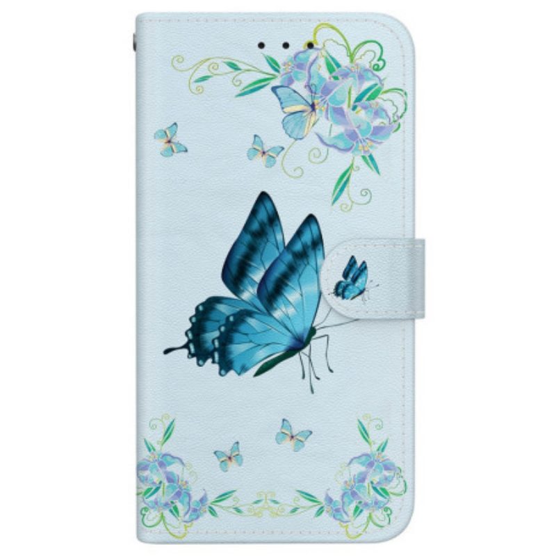 Lederhüllen Sony Xperia 10 Vii Blauer Schmetterling Und Blumen