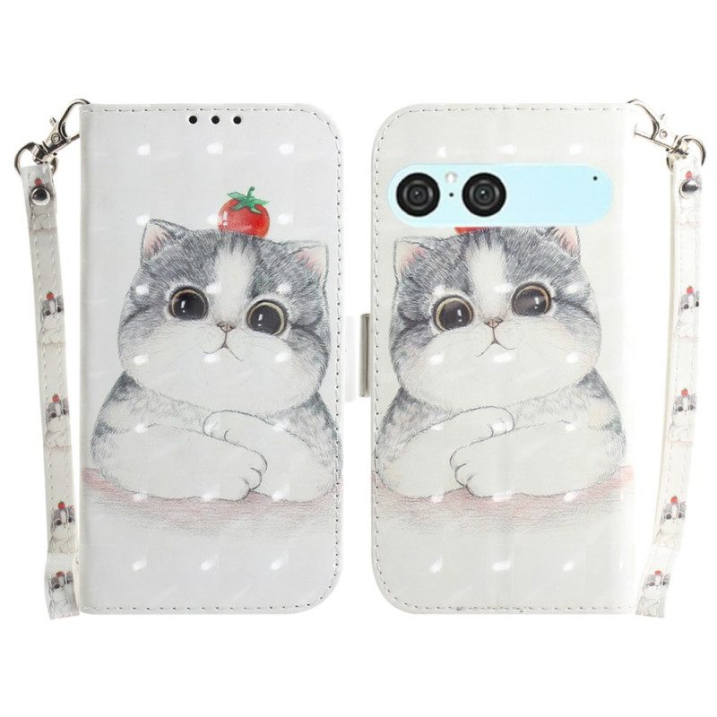 Lederhüllen Sony Xperia 10 Vii Handyhülle Lanyard Mit Katze Und Erdbeere