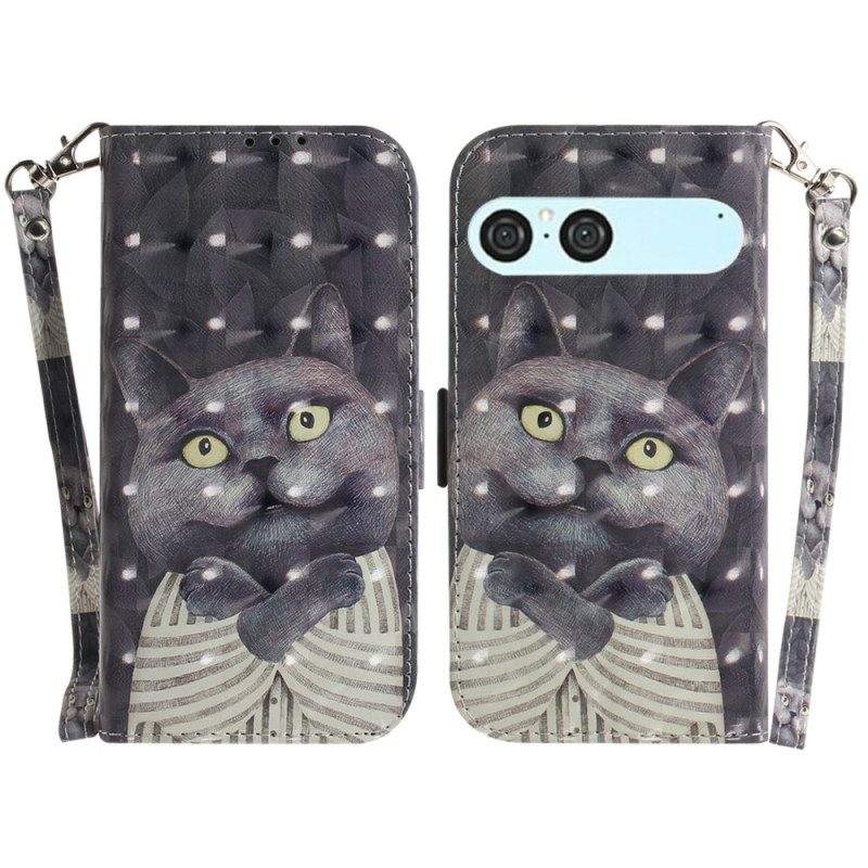 Lederhüllen Sony Xperia 10 Vii Lanyard Mit Grauer Katze