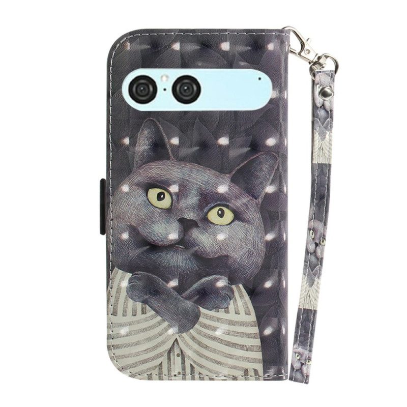 Lederhüllen Sony Xperia 10 Vii Lanyard Mit Grauer Katze