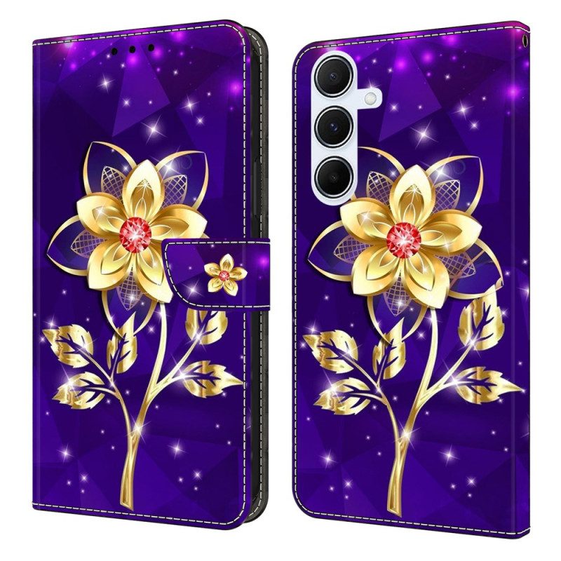 Lederhüllen Samsung Galaxy A17 4g / 5g Handyhülle Goldene Blume Auf Violettem Hintergrund