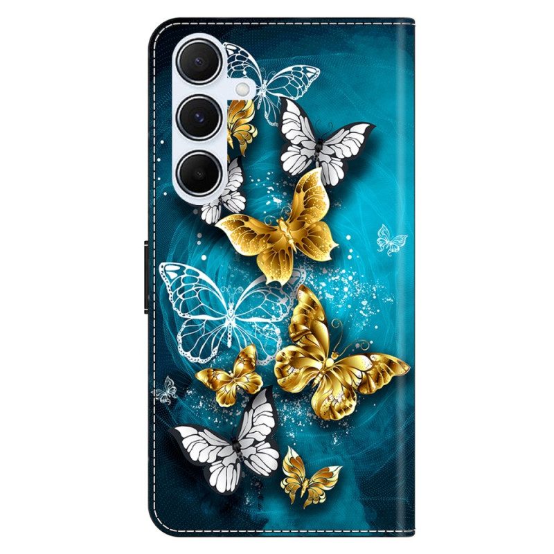 Lederhüllen Samsung Galaxy A17 4g / 5g Handyhülle Goldene Schmetterlinge Auf Grünem Hintergrund