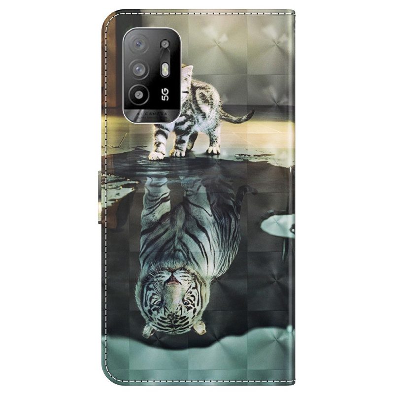 Flip Case Für Oppo A94 5G Katze Und Tiger Mit Schlüsselband