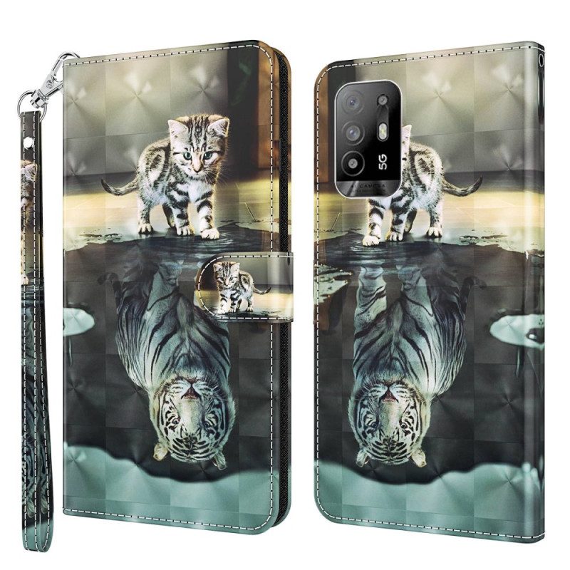 Flip Case Für Oppo A94 5G Katze Und Tiger Mit Schlüsselband