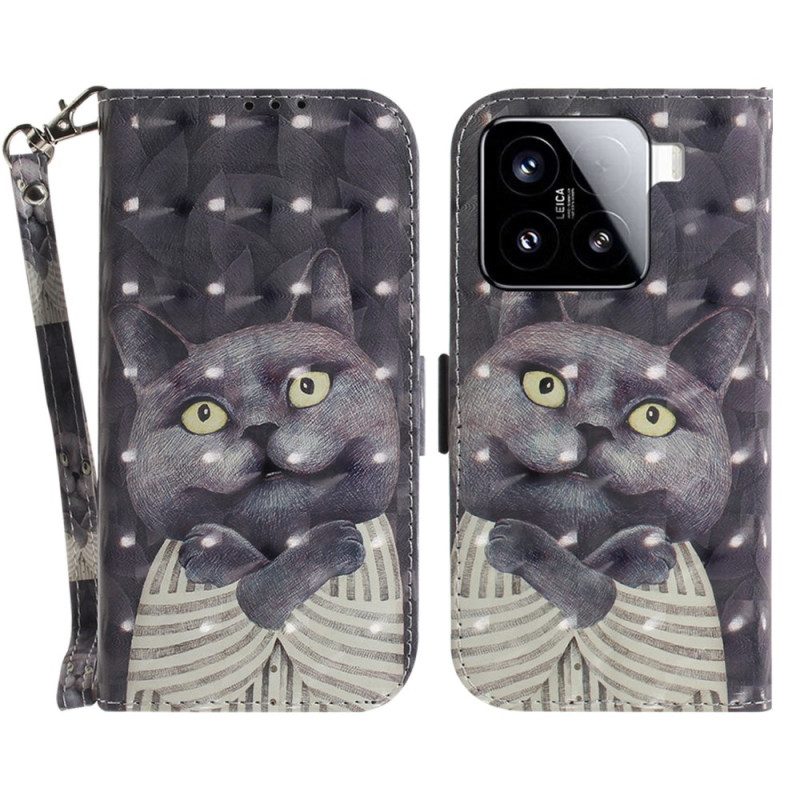 Lederhüllen Xiaomi 15 Handyhülle Graue Katze Mit Riemen